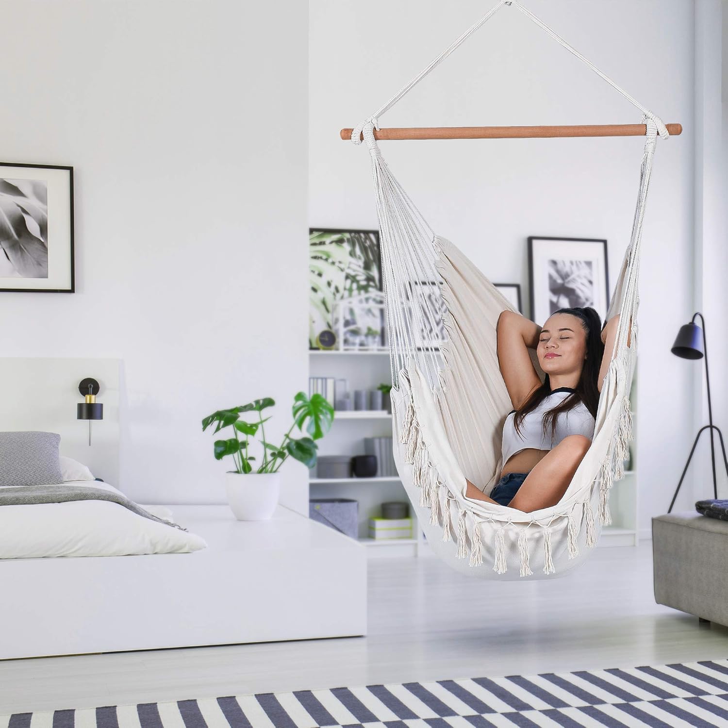 Sorbus Silla hamaca para dormitorios, interiores o exteriores, asiento de cama columpio extralargo, algodón de calidad para una comodidad y