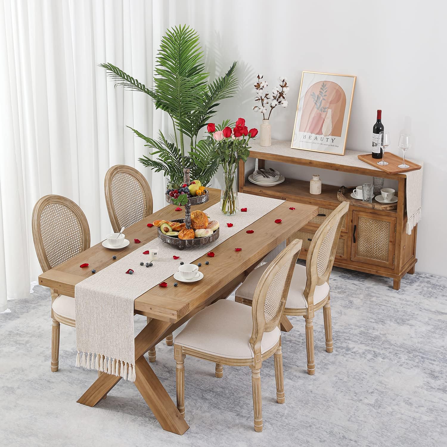 Camino de mesa rústico de estilo granja, lino de arpillera gruesa y bohemio, lavable de 108 pulgadas de largo para decoración de comedor, tocador,