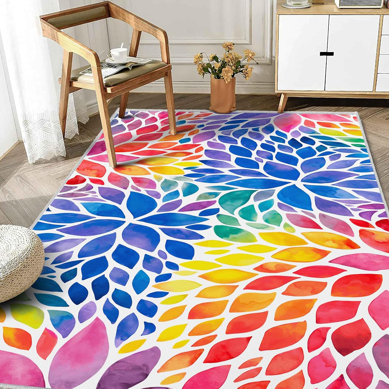 Alfombra abstracta colorida de 4 x 6 pies, moderna, arcoíris, dalia, floral, multicolor, antideslizante, lavable a máquina, para dormitorio, sala de