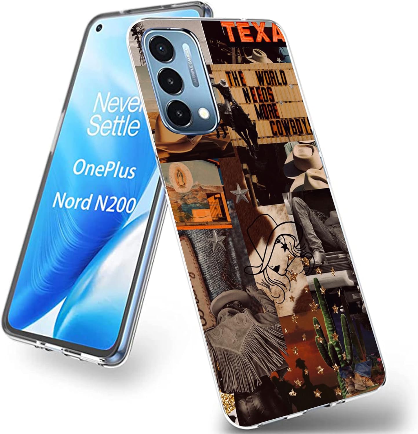 Compatible con OnePlus Nord N200 5G, funda transparente de collage estético retro vaquera vaquera country chic para niñas y mujeres, bonita funda de