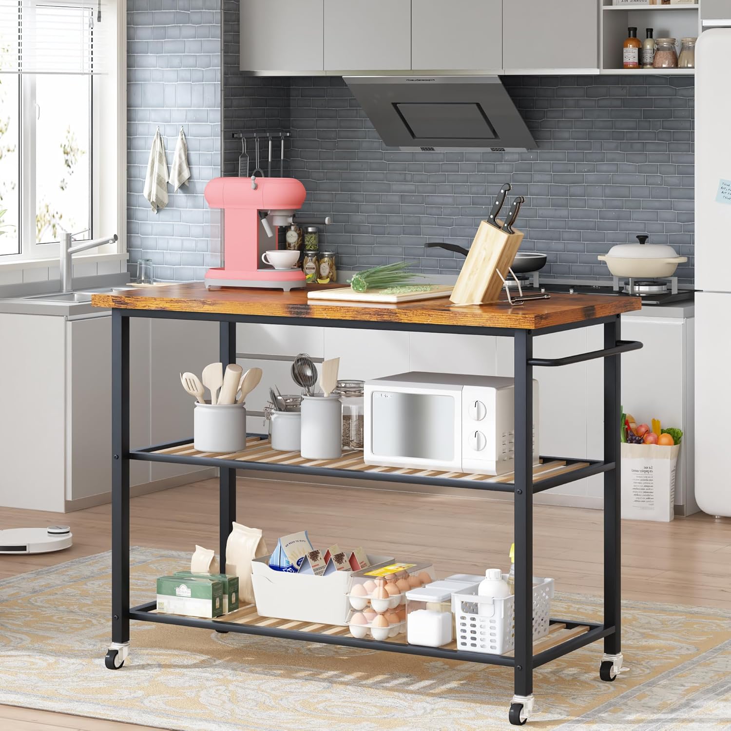 Hooseng Isla de cocina con almacenamiento, carrito de isla de cocina con 3 estantes, isla de cocina rodante, pequeña isla de cocina con marco de