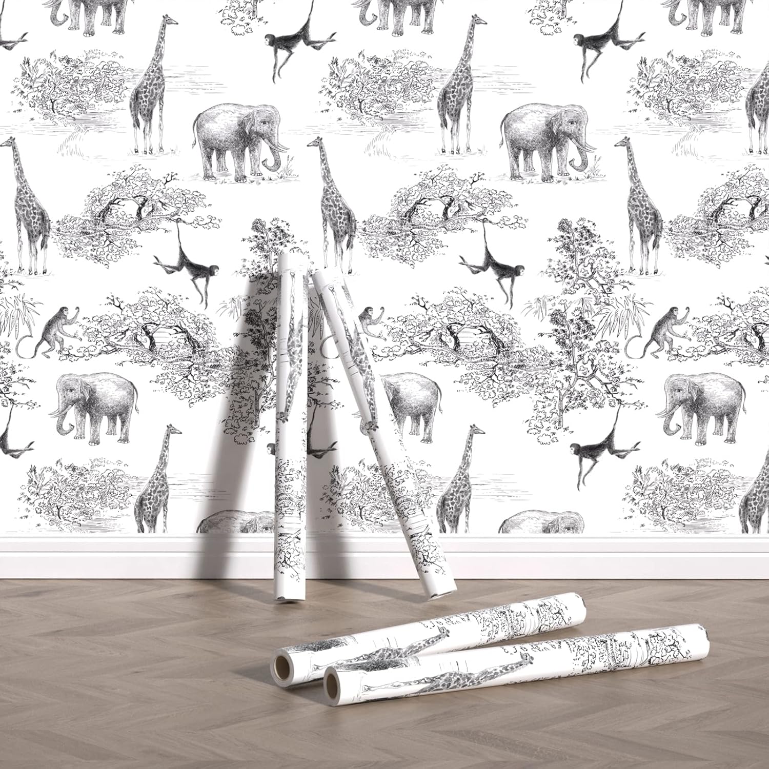 Papel tapiz autoadhesivo con diseño de jirafa y elefante, color negroblanco, para habitación de los niños, papel tapiz de animales del bosque, papel
