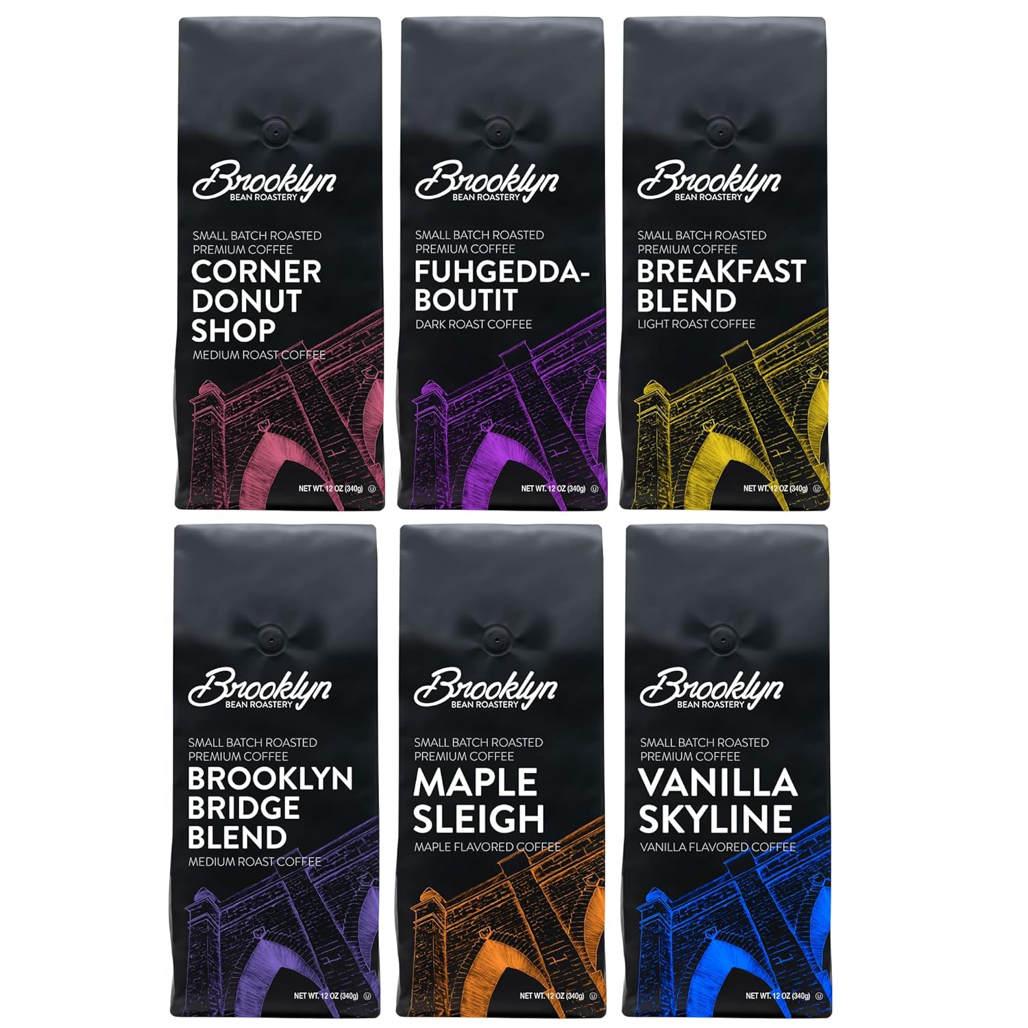 Brooklyn Beans Paquete variado de café molido en bolsas, tostado claro, medio oscuro y saborizado, paquete de 12 onzas, 72 onzas, (paquete de 6)