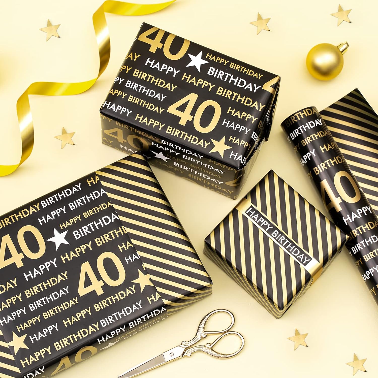 RUSPEPA Rollo de papel de regalo reversible, mini rollo, patrón negro y dorado para cumpleaños de 40 años, ideal para cumpleaños, fiestas, baby