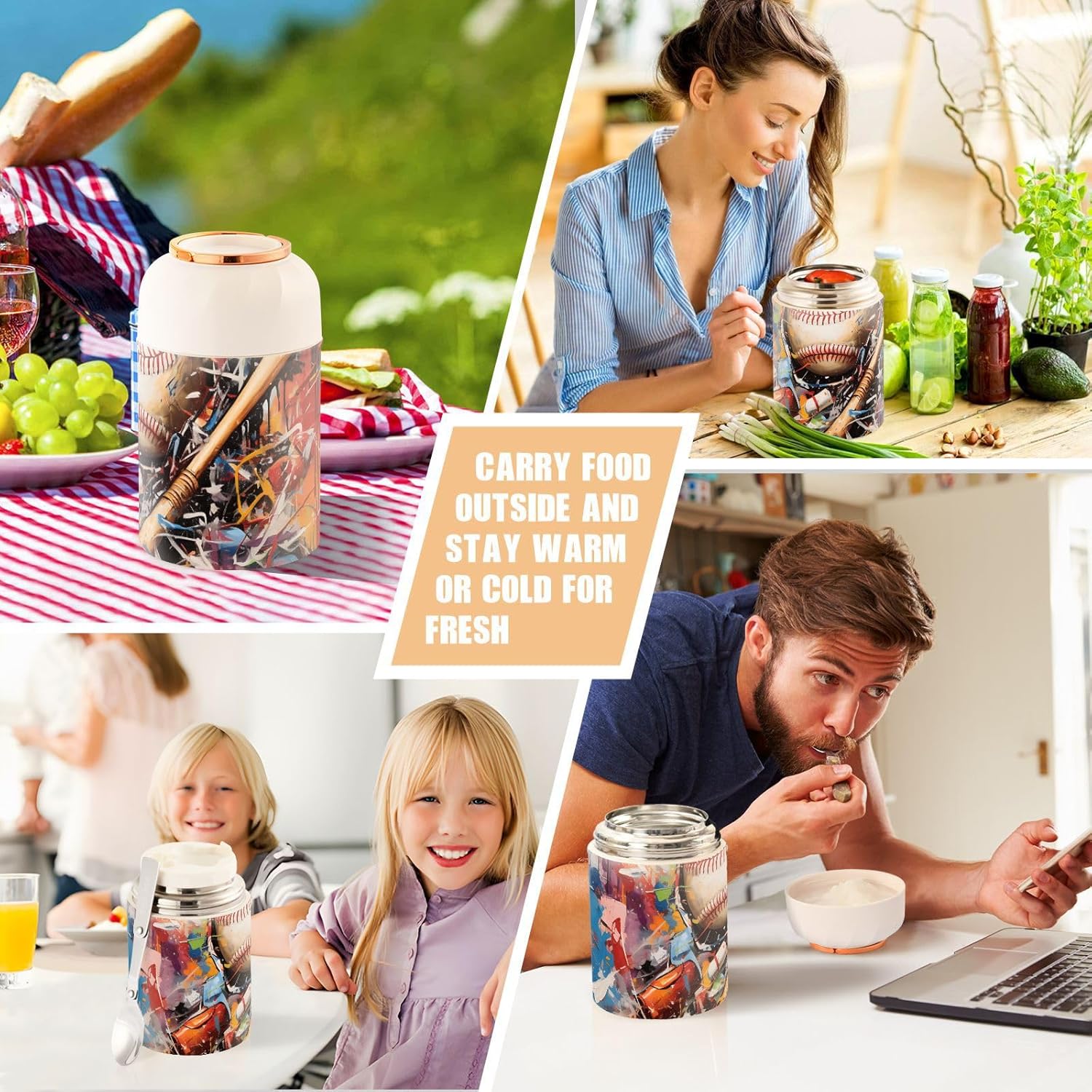 Baseball Baseball Bat Grunge Kids Womens Insulated Food Jar with Spoon 17oz500ml Thermal Food Jar Stainless Steel Vacuum Portable Thermal Food for