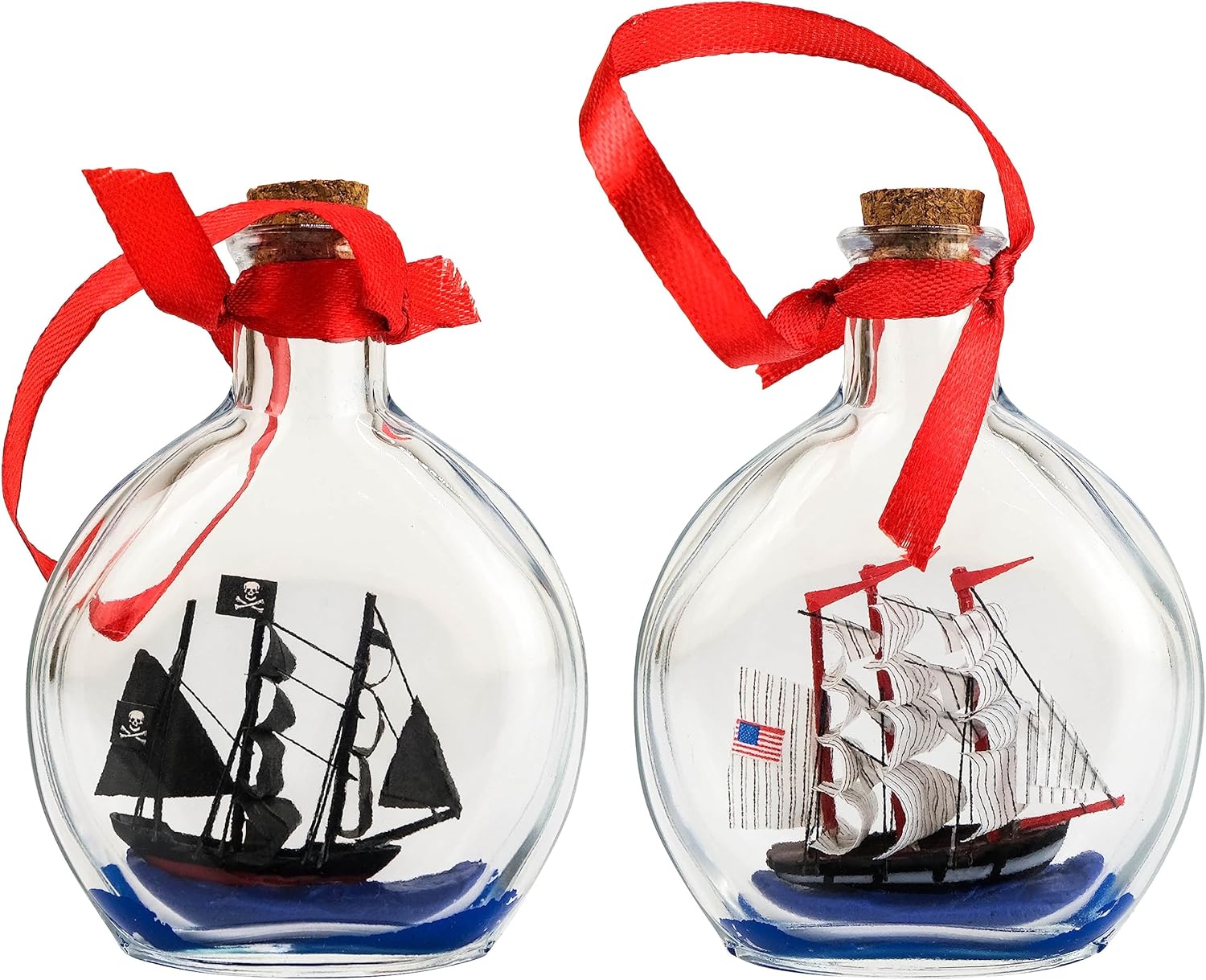 SAILINGSTORY – Juego de 2 adornos náuticos de Navidad para barco en botella USS Constitution y barco pirata