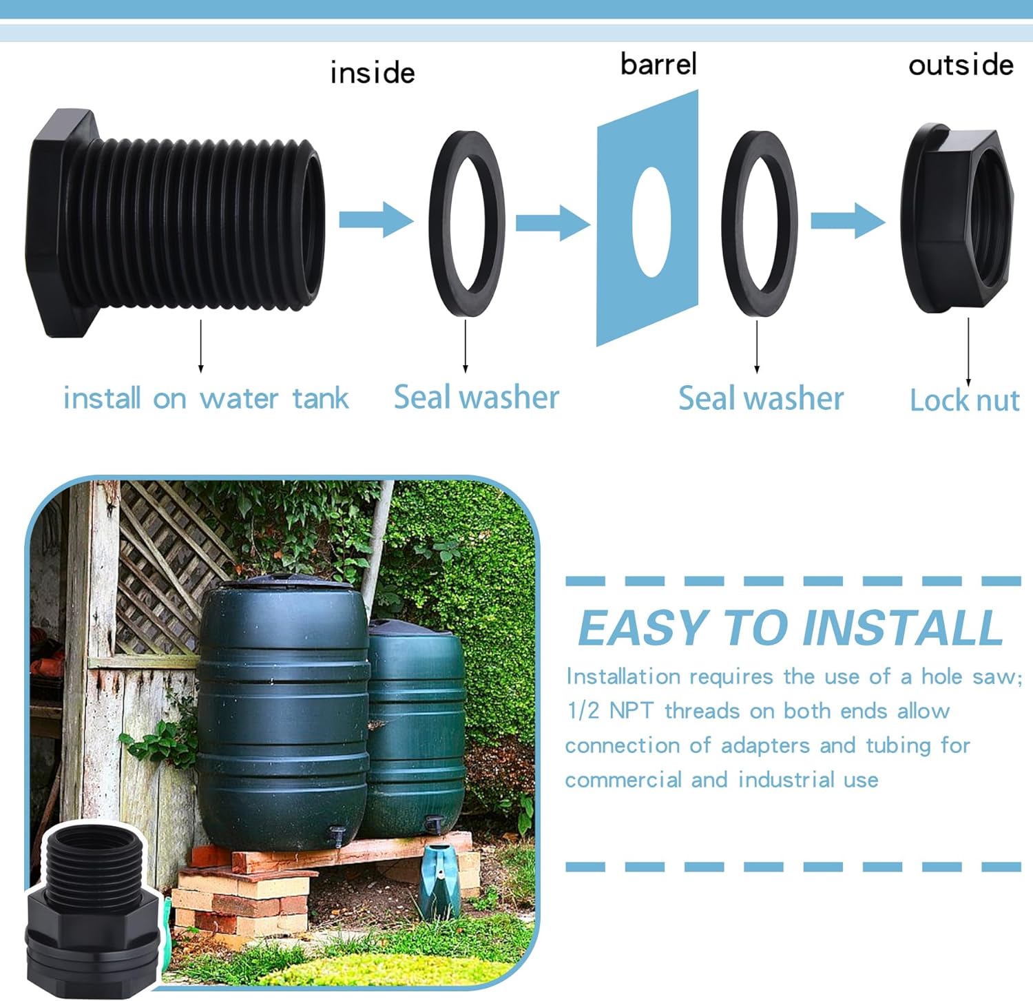 Paquete de 10 accesorios de mamparo, manguera de jardín roscada de 34 pulgadas macho GHT x 12 pulgada hembra NPT conector de tanque de agua de doble