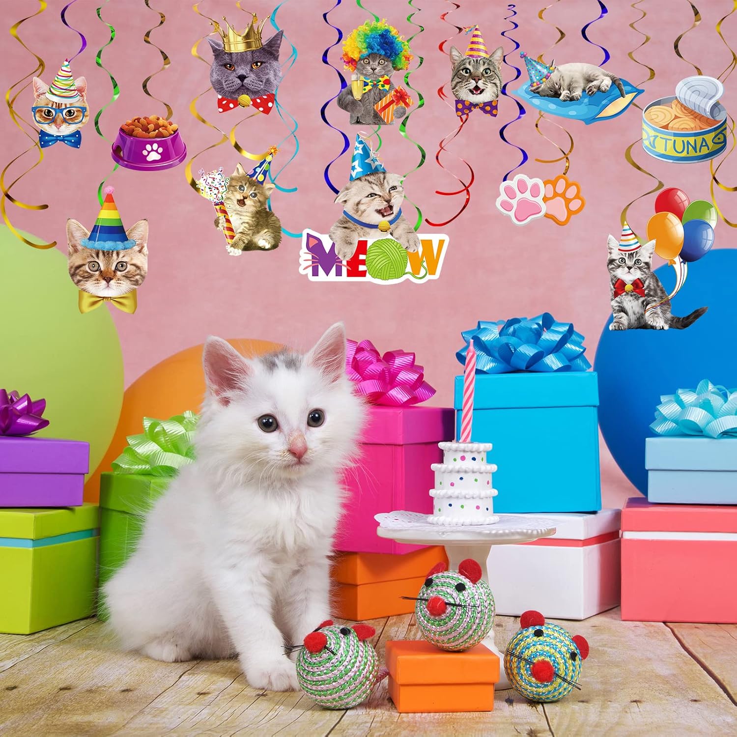 Yisong 46 piezas de decoración de remolino de gato, decoración de fiesta de cumpleaños de miau, remolino colgante para techo de niños, niños, niñas,