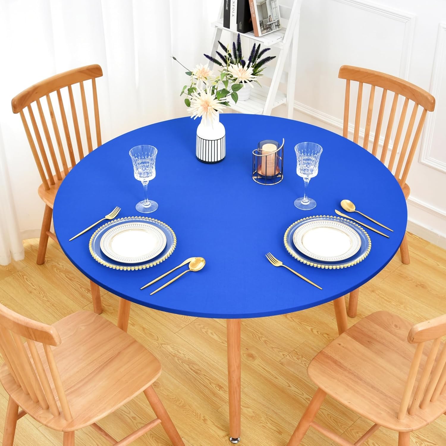 Mantel redondo ajustable con bordes elásticos para mesas redondas, funda de mesa redonda elástica de elastano de 60 pulgadas para el hogar, comedor,