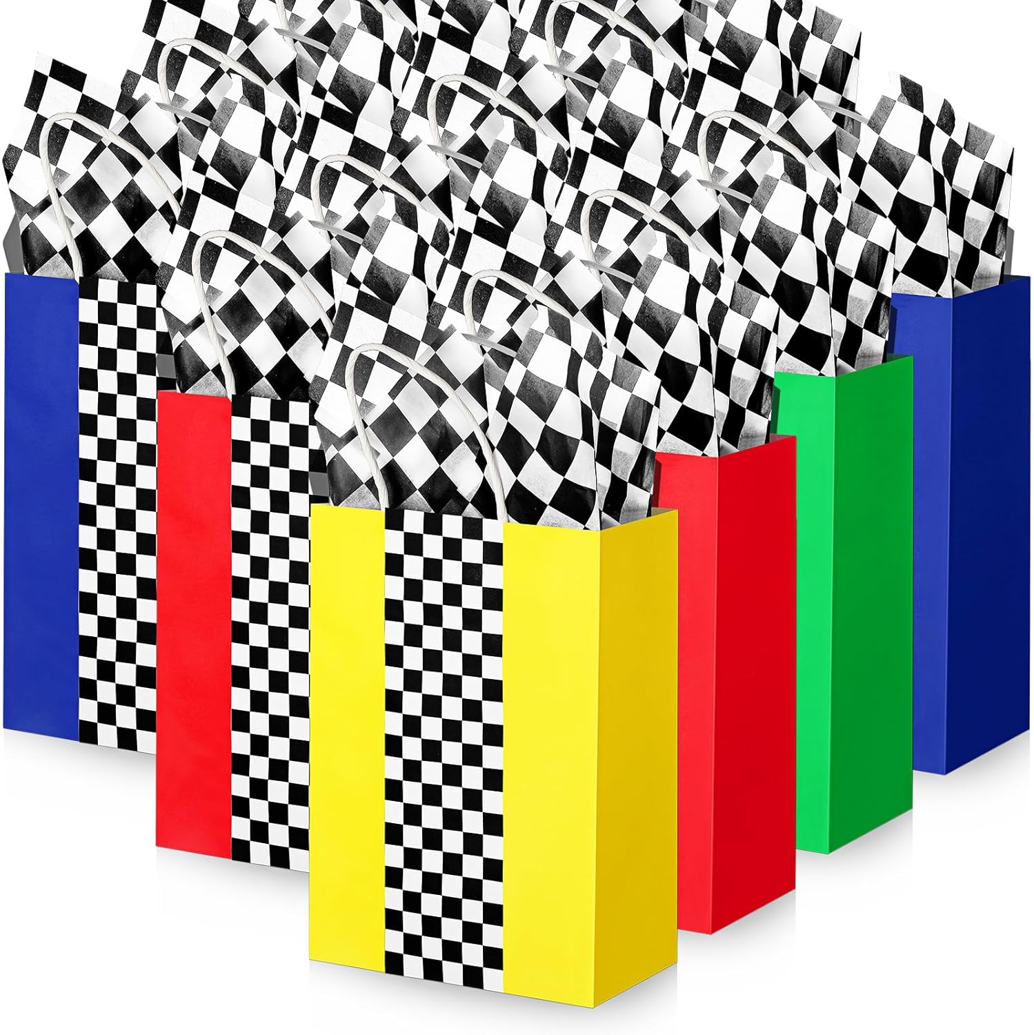 Glenmal Paquete de 16 bolsas de regalo para autos de carreras con papel de seda a granel de 8.3 x 5.9 x 3.1 pulgadas, bolsas de recuerdo de fiesta