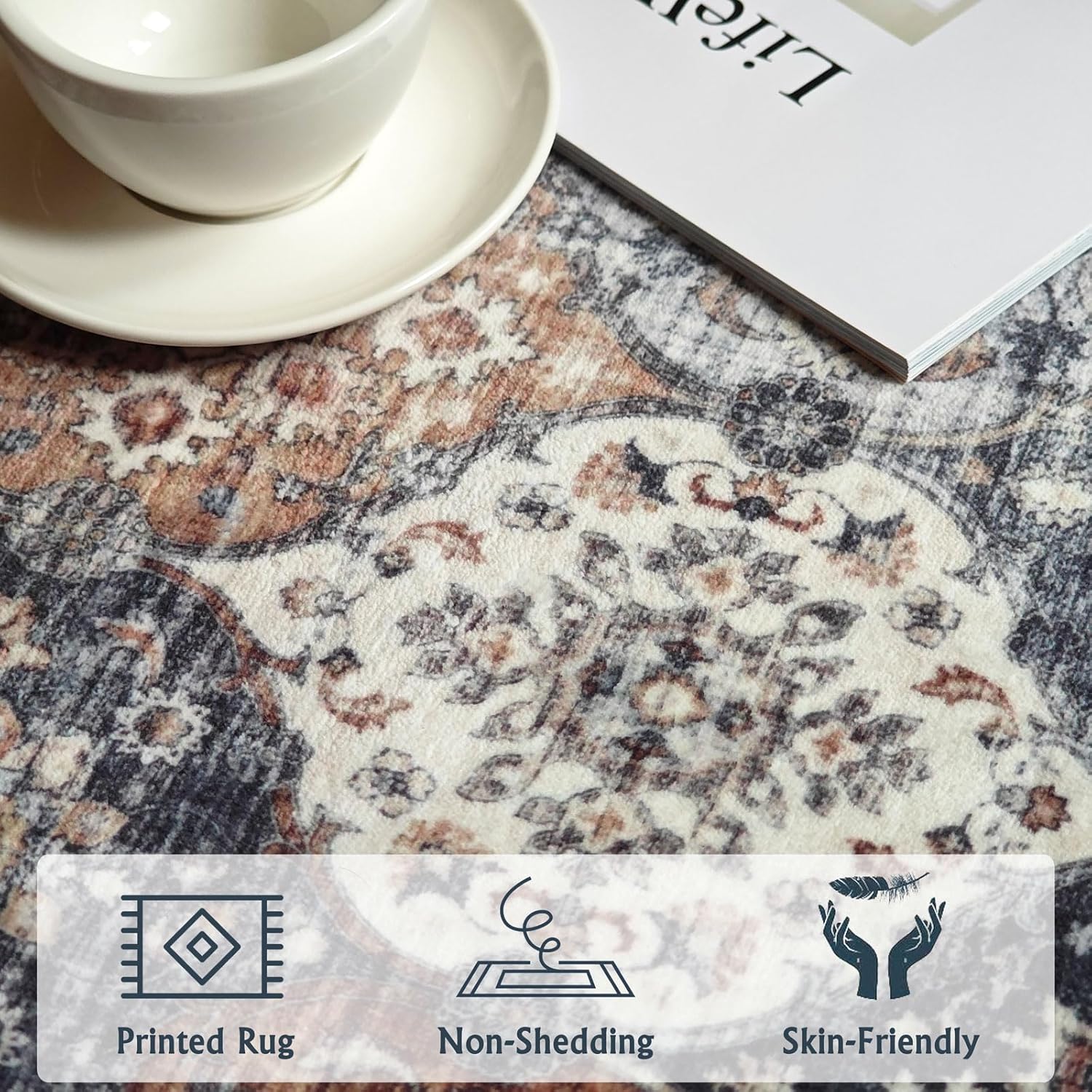 Othilic Alfombra lavable de 3 x 5, antideslizante, de pelo bajo, estilo bohemio, marroquí, enrejado, para sala de estar, alfombra oriental suave y