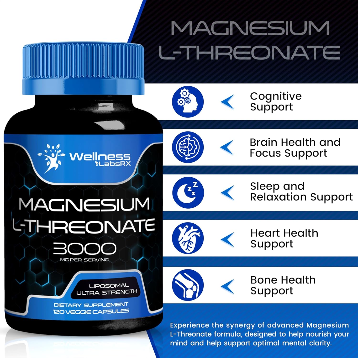 Cápsulas de suplemento de L-treonato de magnesio, 120 unidades, 3000 mg, suplemento de magnesio de alta absorción liposomal, treonato de magnesio