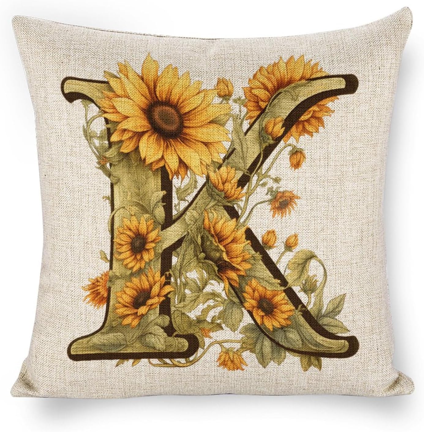 Fundas de almohada con monograma de girasol de verano con letra K, diseño floral con inicial de 18 x 18 pulgadas, para niñas, niños, hogar, granja,