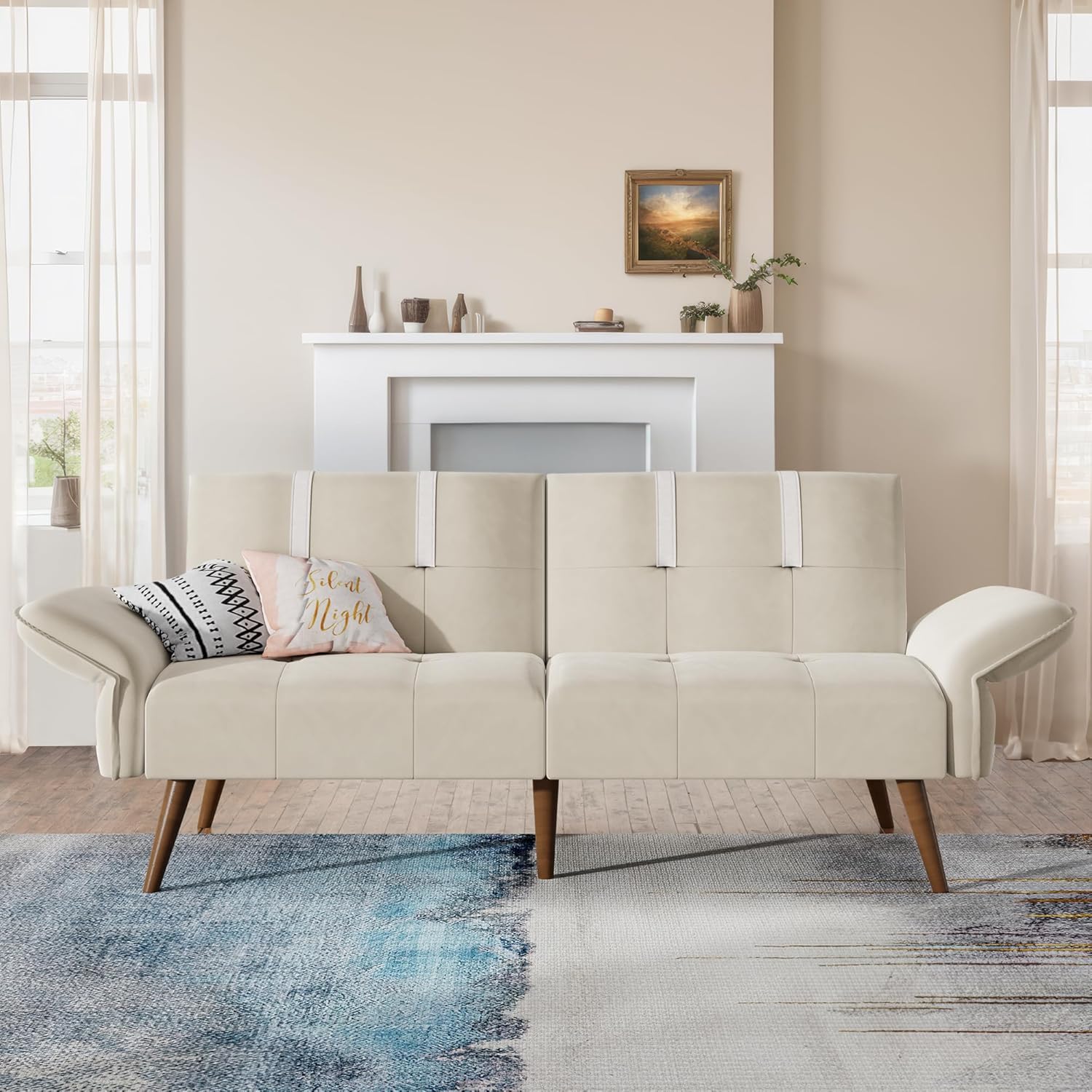 JAMFLY Sofá cama futón de terciopelo de 69 pulgadas, sofá cama convertible con reposabrazos y respaldo ajustables, moderno sofá biplaza para sala de