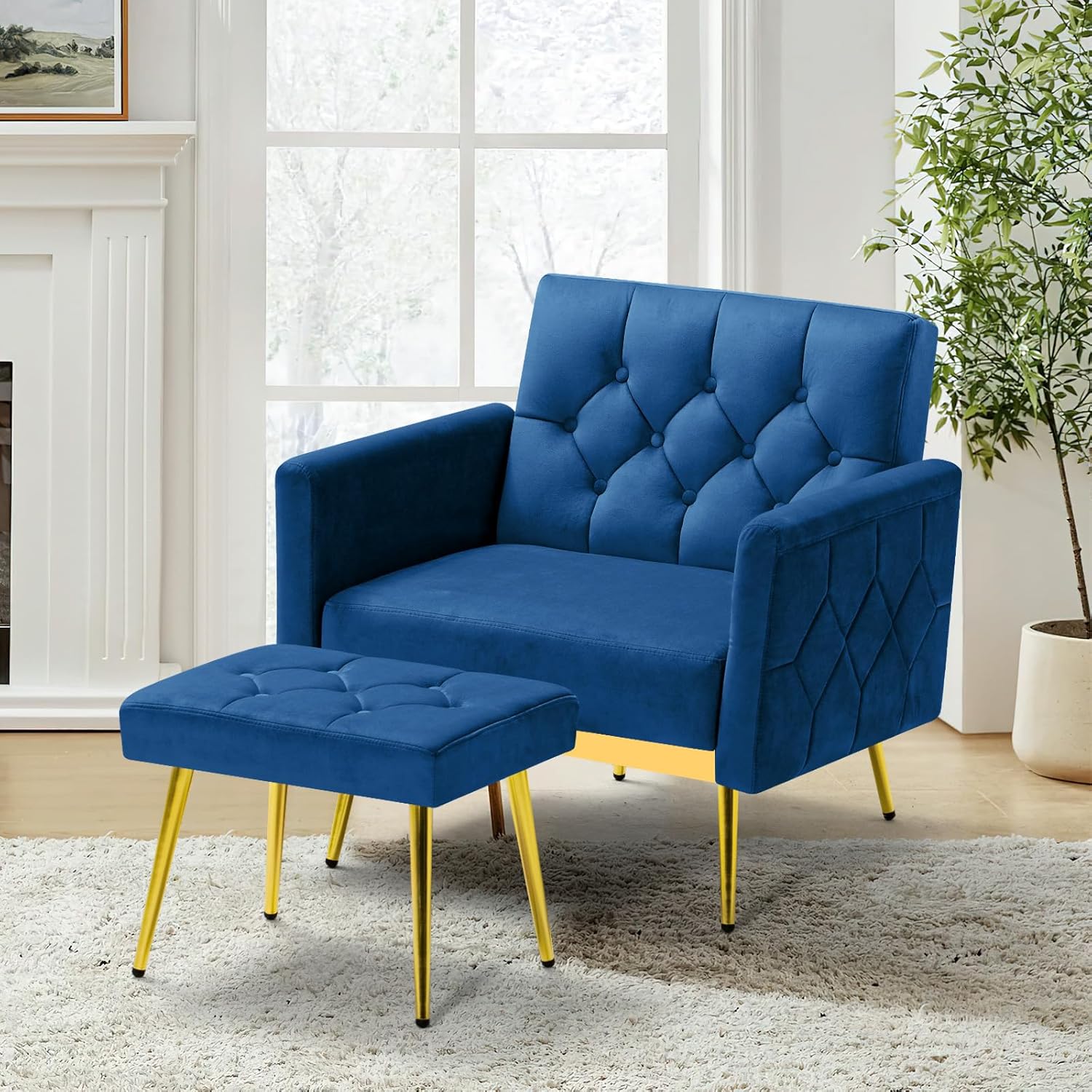 ACMEASE Silla decorativa de terciopelo con reposabrazos y respaldos ajustables, sofá individual copetudo con otomana, Chiar de lectura tapizado para