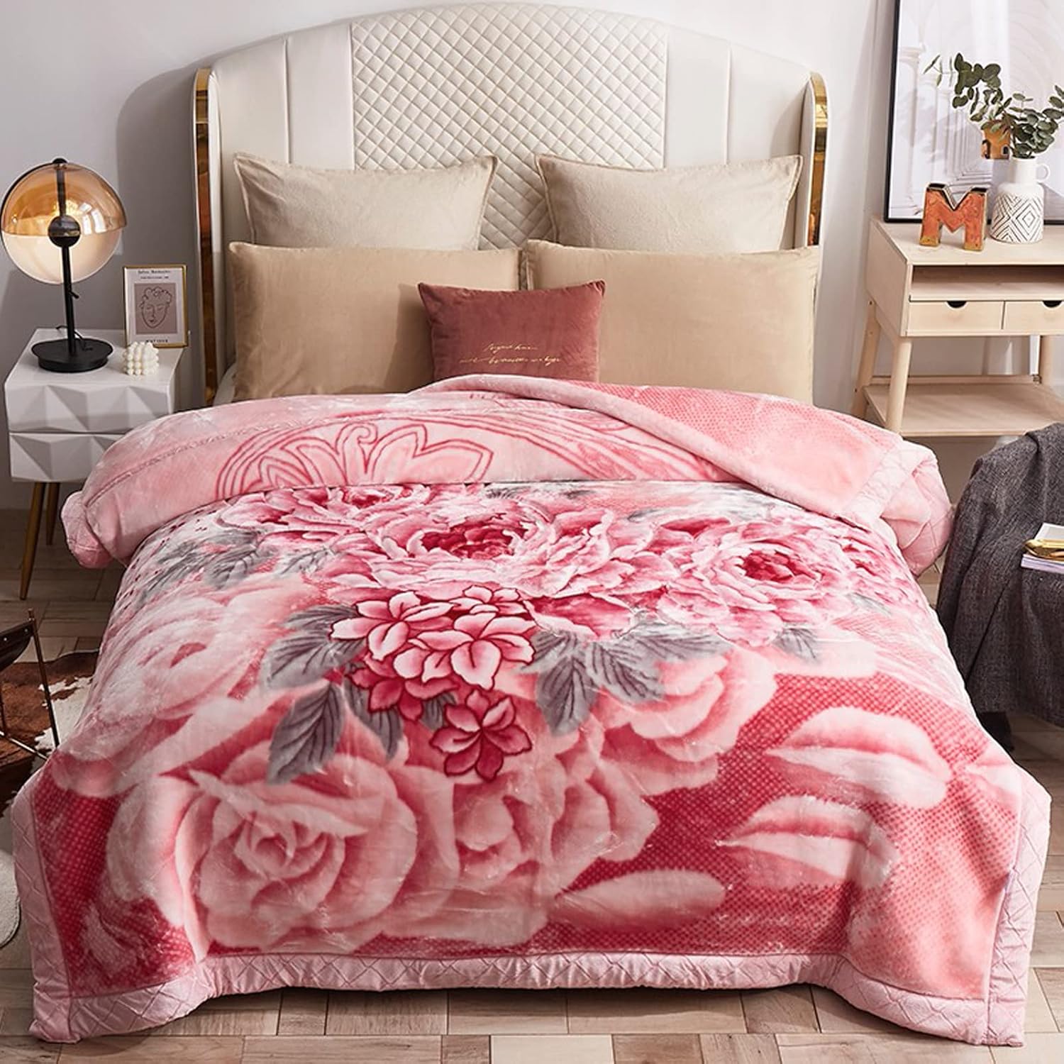 Manta Raschel de felpa rosa de 6.6 libras, tamaño matrimonial, 71 x 87 pulgadas, suave y sedosa, manta de forro polar impresa de 2 capas para cama