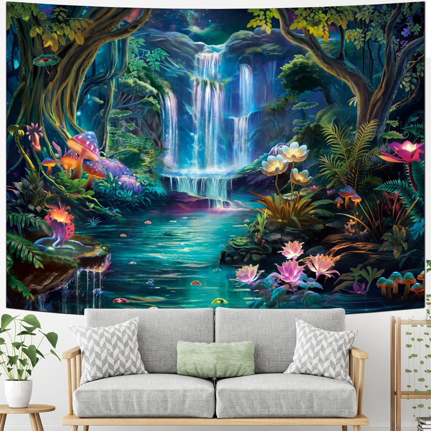 Generleo Tapiz de bosque con diseño de hongos, flores, galaxia, cascada, colorido, floral, plantas, tapiz de pared, tapiz estético de fantasía,
