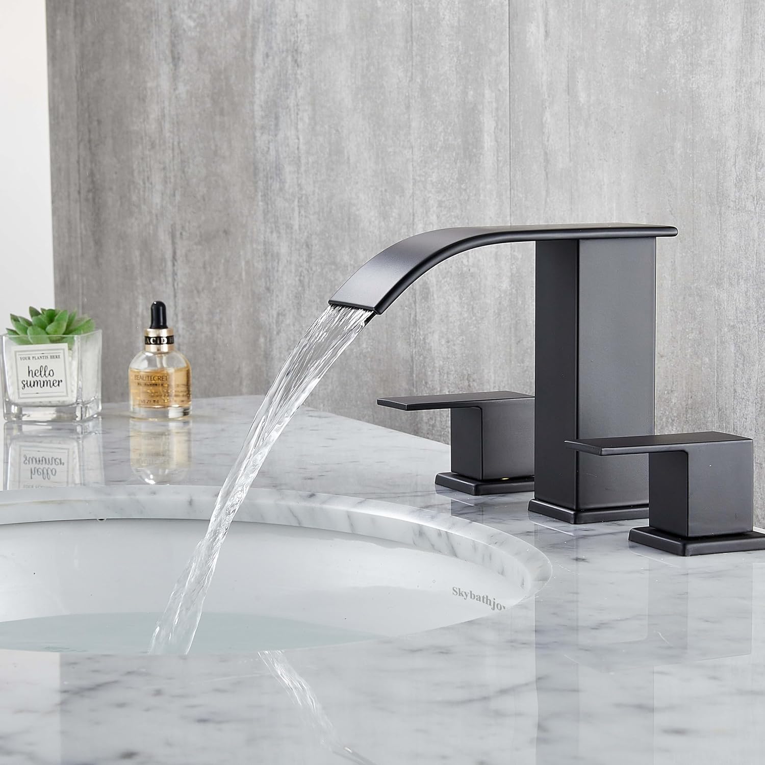 Grifo de baño negro generalizado para fregadero de 3 agujeros de 8 pulgadas, cascada de baño, grifos de baño modernos con drenaje emergente y líneas