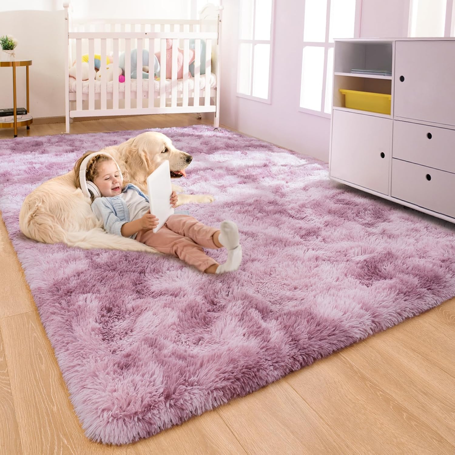 Alfombras esponjosas para dormitorio de niñas, 4 x 6 pies, alfombra suave y lanuda rosa y morada para niños, sala de juegos, sala de estar,