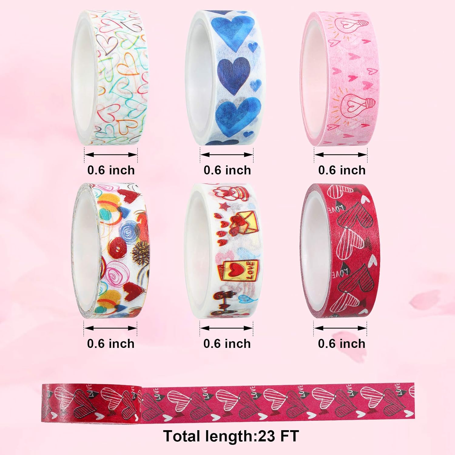 Zonon 6 rollos de cintas washi para el día de San Valentín, calcomanías de San Valentín para niños, lindas calcomanías de San Valentín para