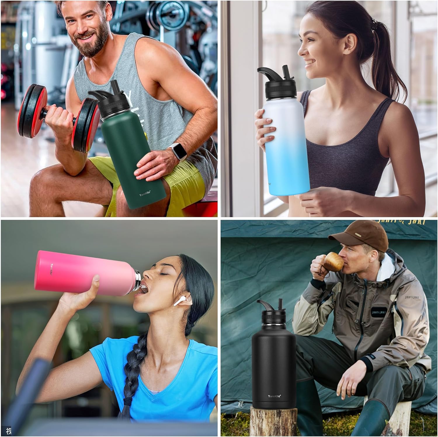 TaroKitc Botellas de agua aisladas de 64 onzas con popote, 2 tapas, botella de agua deportiva de acero inoxidable aislada al vacío de medio galón,