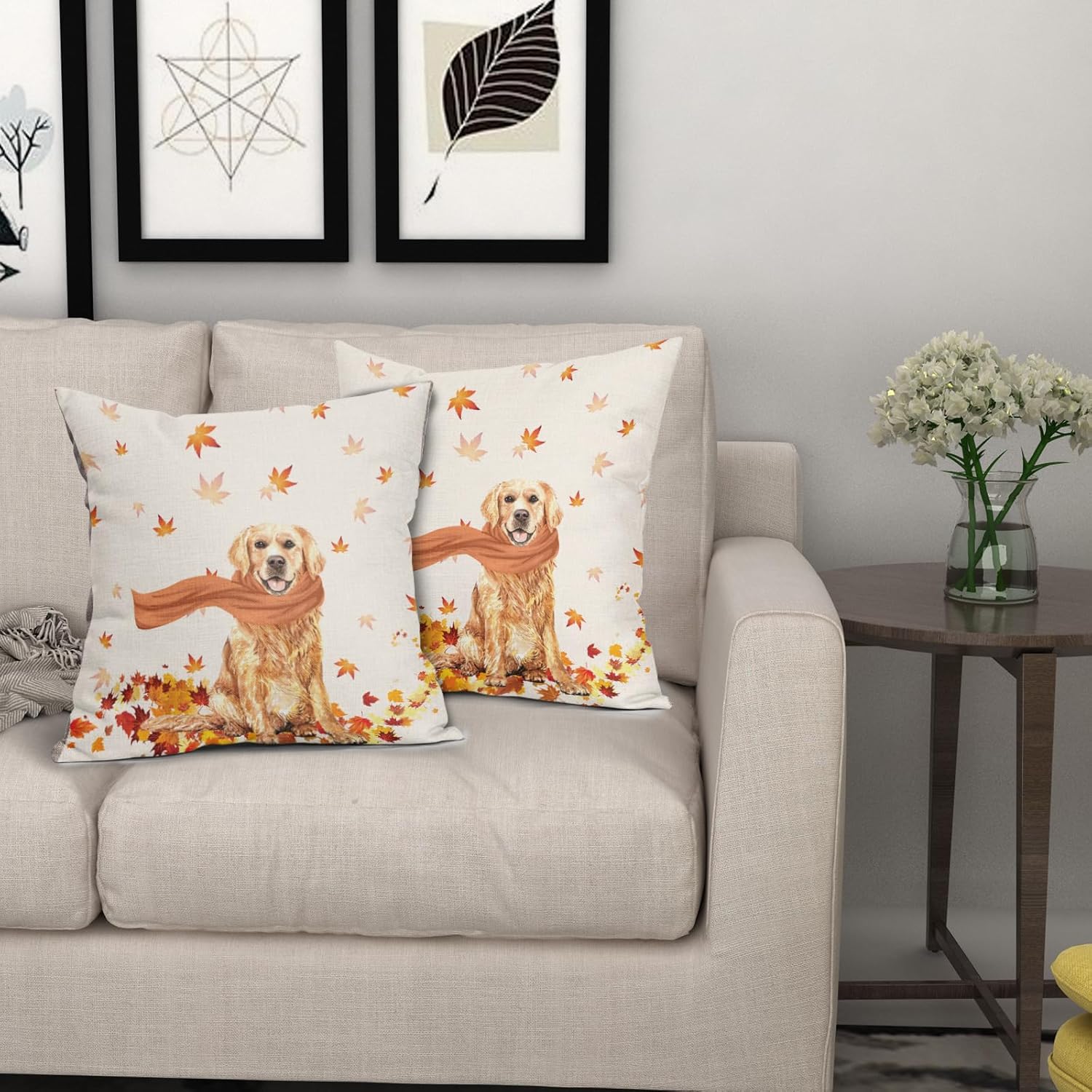 Golden Retriever – Funda de almohada de otoño con diseño de hojas de arce para perro, diseño de casa de campo, diseño moderno de Acción de Gracias,