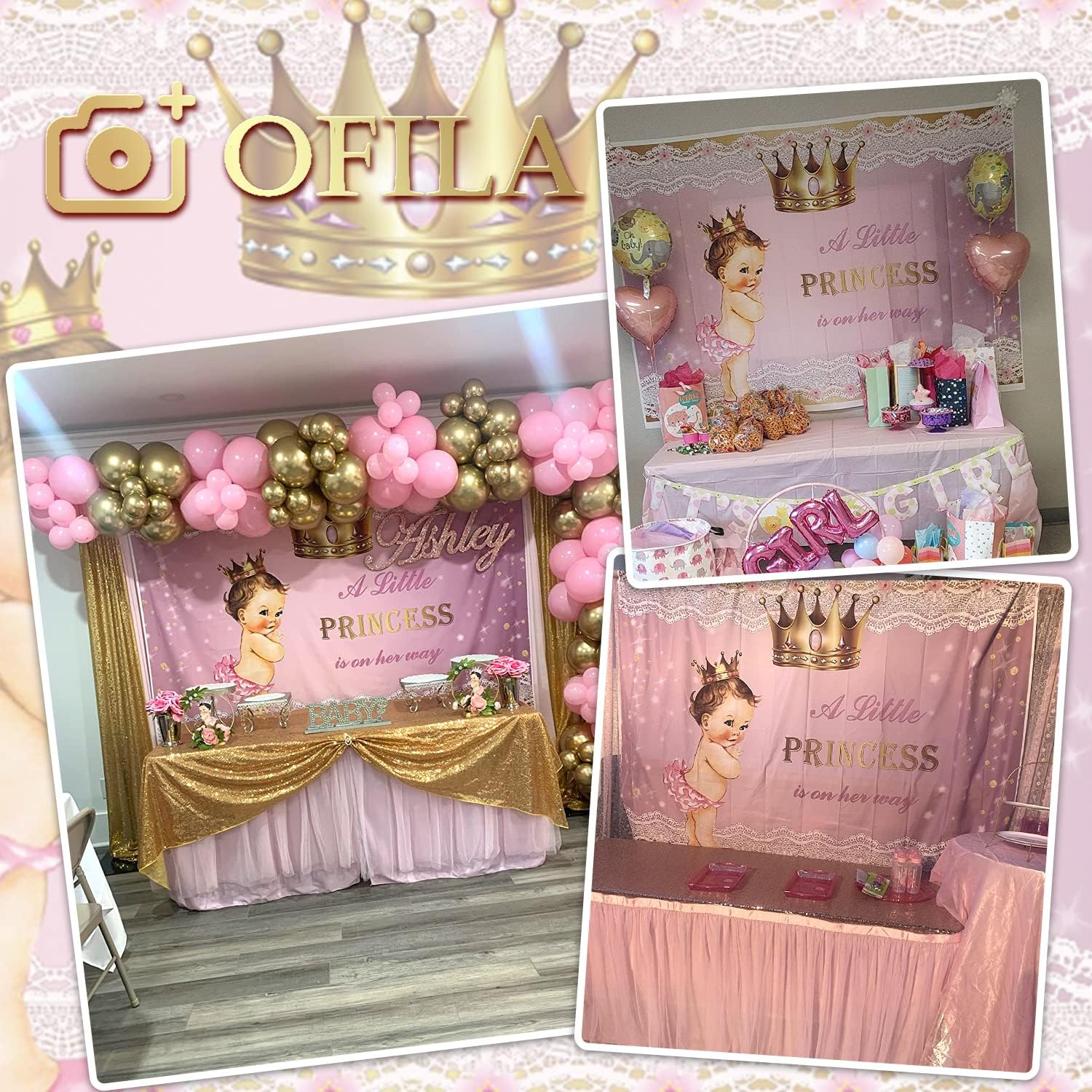 Telón de fondo de princesa para baby shower para niña, 8 x 6 pies, corona dorada, encaje rosa, fondo de fotografía con texto en inglés “A Little
