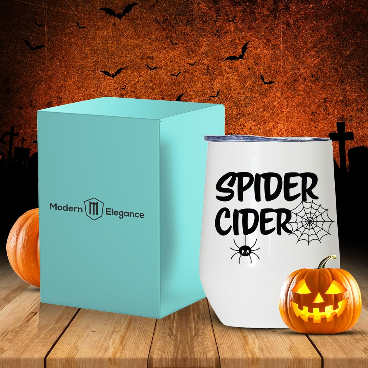 Modern Elegance Vaso de vino de Halloween sin tallo, vaso de vino de 12 onzas con pajilla, bonitos vasos de acero con aislamiento de araña, a prueba
