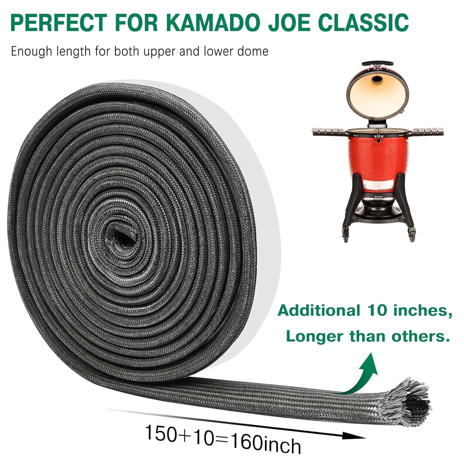 Kit de juntas de malla de alambre de 150+10 pulgadas para Kamado Joe Grill Classic High Temp Fibra de vidrio Kit de reemplazo para grandes huevos
