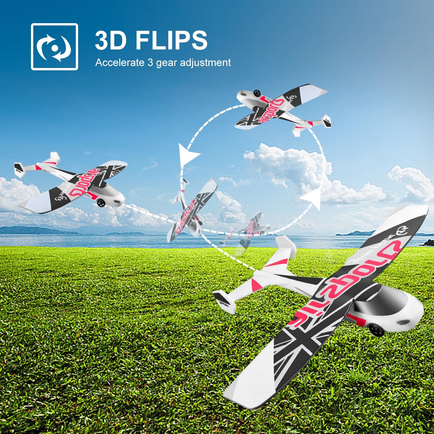 Avión RC, avión de control remoto de 2.4 GHz, vuelo con 2 baterías y hélice estabilizador giroscópico de 6 ejes, luz azul y verde, fácil de volar