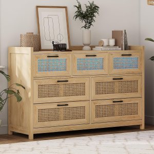 AOGLLATI Cómoda para dormitorio con 7 cajones, cómoda de ratán con luz LED, cómoda de madera ancha LED para dormitorio AOGLLATI Cómoda para dormitorio con 7 cajones, cómoda de ratán con luz LED, cómoda de madera ancha LED para dormitorio