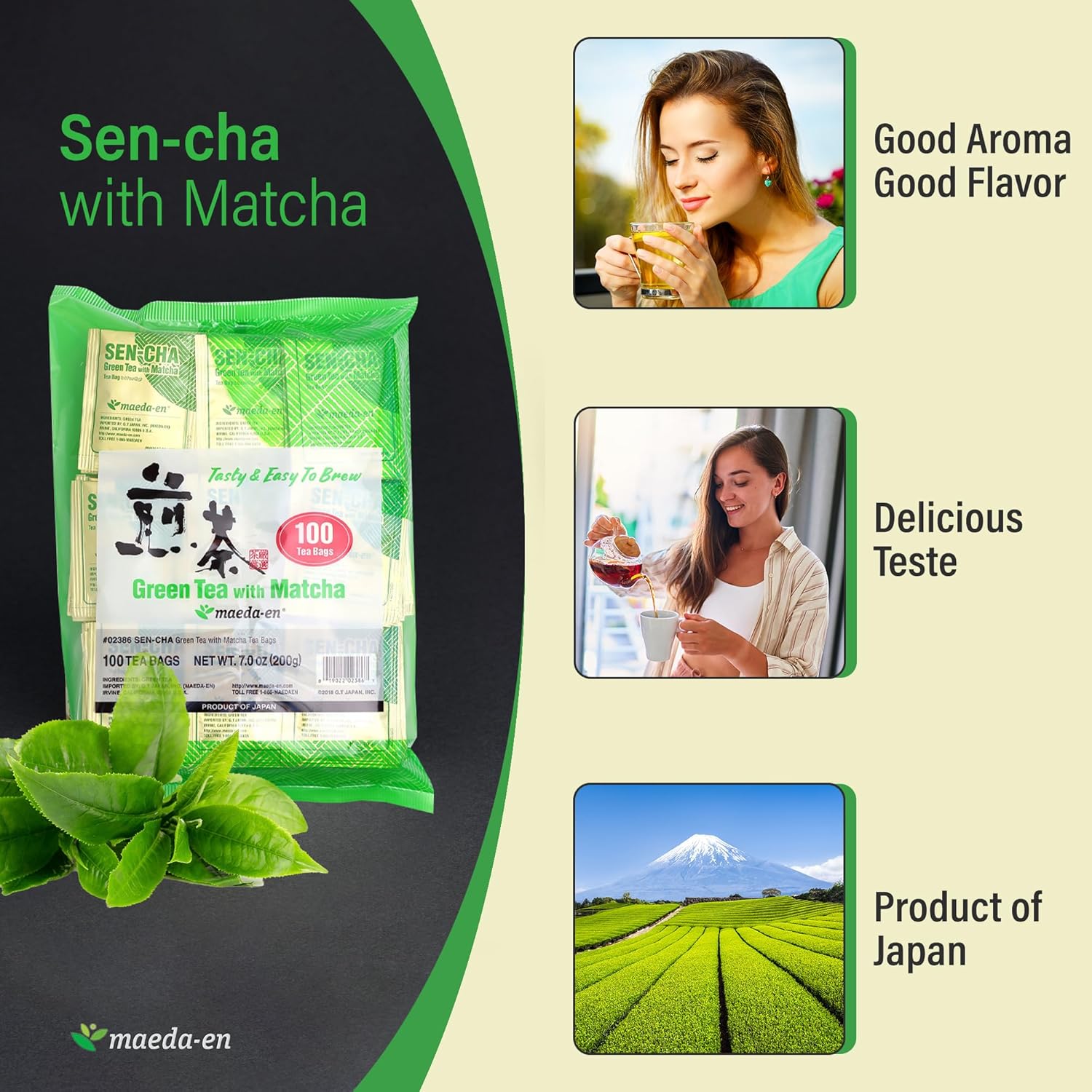 MAEDA-EN Sen-cha con verde matcha, 100 bolsitas de té en polvo de origen japonés, hojas de té verde envueltas individualmente, 02386 1 paquete