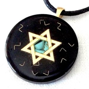 Orgone pendant necklace with golden Star of David, Turquoise & Black Tourmaline stones. Made in USA Orgone pendant necklace with golden Star of David, Turquoise & Black Tourmaline stones. Made in USA