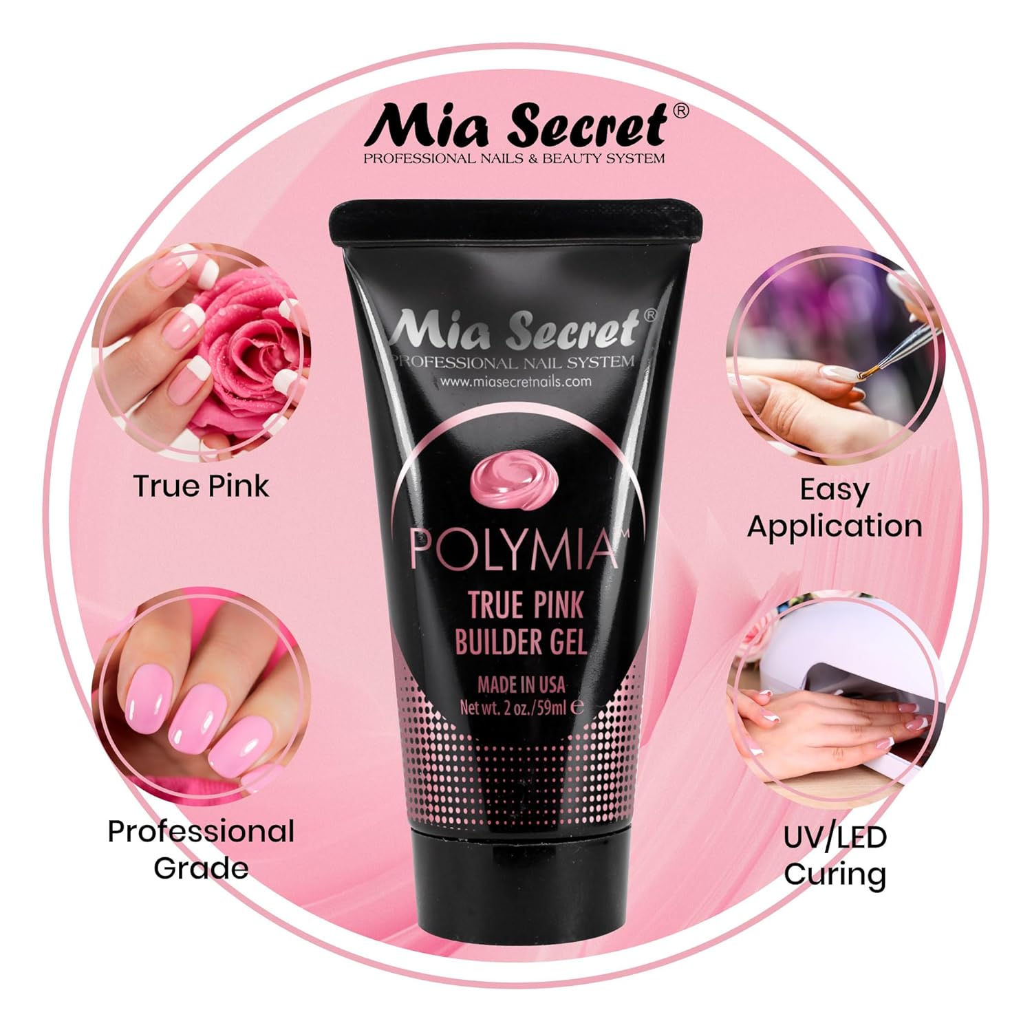 Mia Secret – Constructor de uñas de gel POLYMIA de 2 onzas – LED UV – Gel constructor (rosa verdadero)