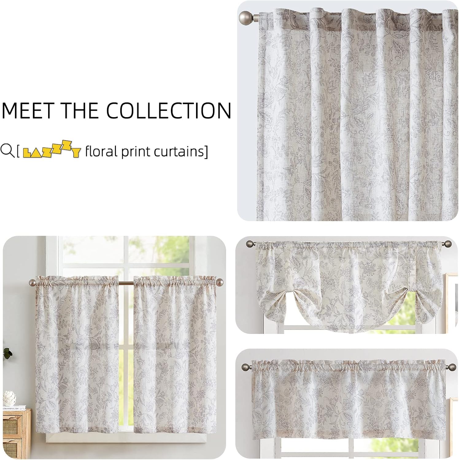 Lazzzy Cortinas de lino con estampado floral gris de 96 pulgadas de largo, cortinas con pestaña trasera para sala de estar y dormitorio, cortinas