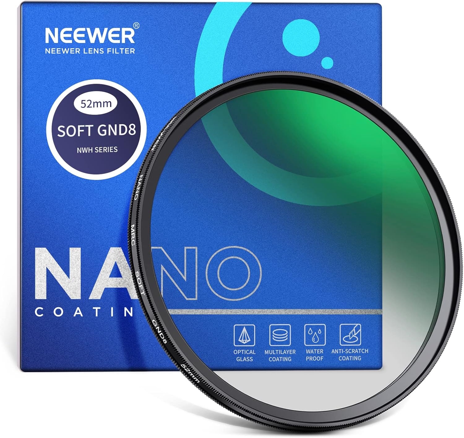 NEEWER Filtro de lente ND degradado suave HD de 2.047 in, GND8 de 3 paradas (0.9), filtro de densidad neutra graduada, 37 capas nano