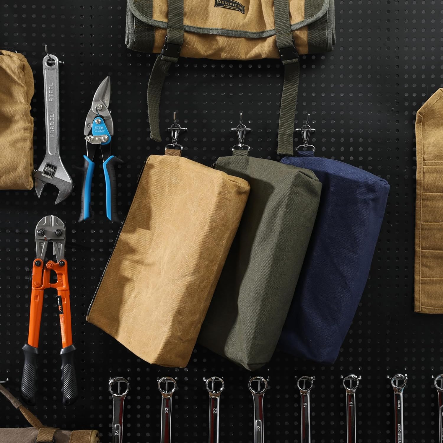 Bolsa de herramientas de lona encerada, bolsa de herramientas resistente con cremallera suave y bolsa multiusos con mosquetón
