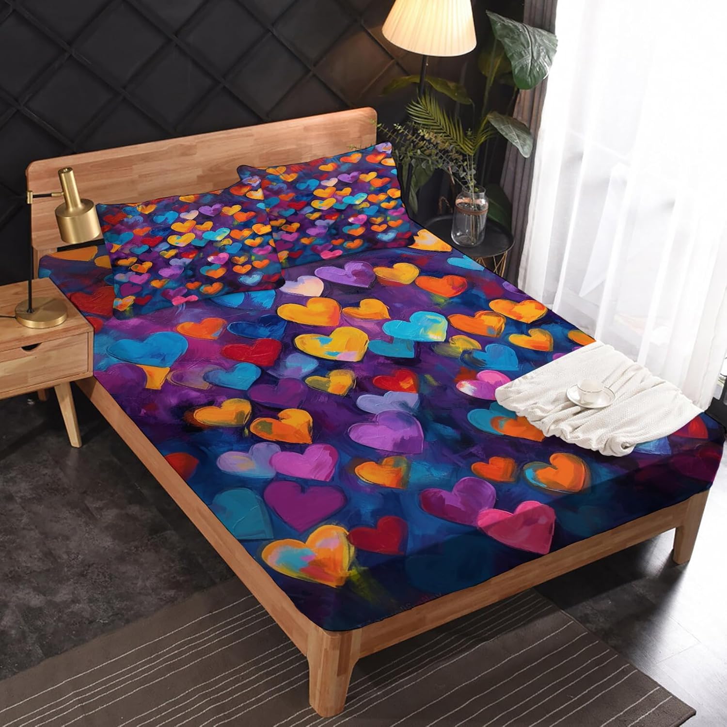 Juego de sábanas tamaño Queen  Juego de sábanas de corazón, sábanas y fundas de almohada de graffiti, microfibra suave, bolsillo profundo y sin