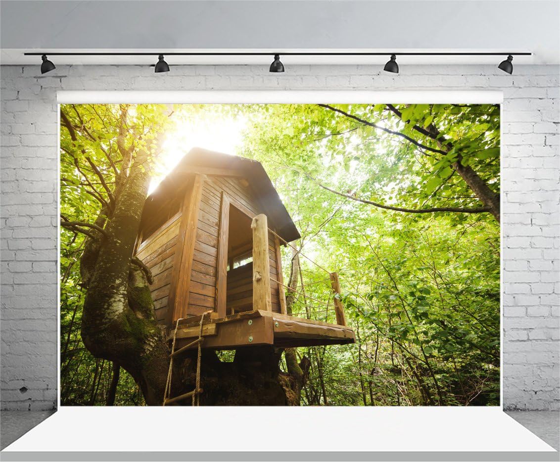 Laeacco Fondo de vinilo de 7 x 5 pies, fondo de fotografía, casa de árbol de madera, tronco enorme, bosque tropical, verano, primavera, hojas
