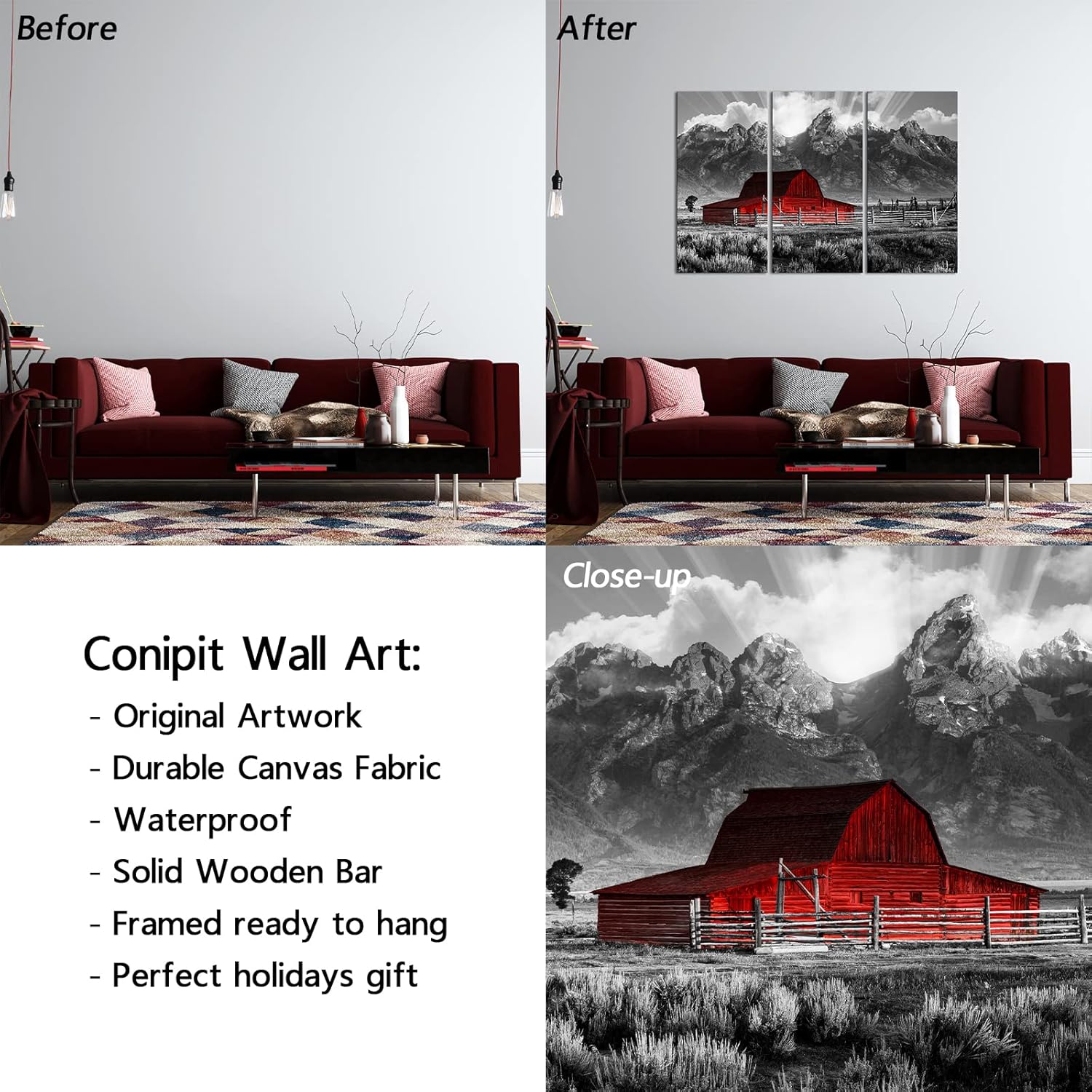 Conipit Grand Teton Pictures Wyoming – Cuadros de paisajes en blanco y negro, arte de pared de granero Moulton en blanco y negro, arte de lienzo