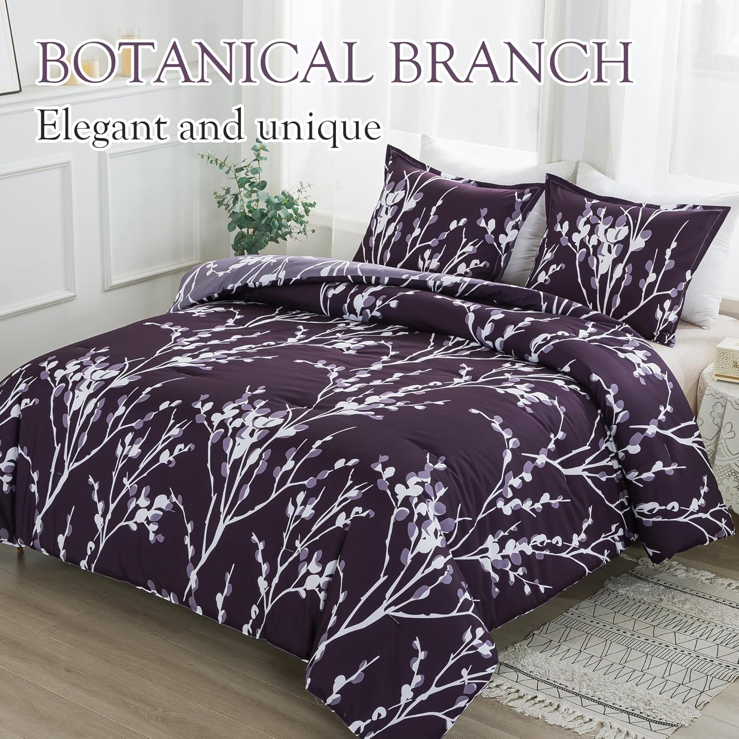 Andency Juego de edredón morado tamaño matrimonial (79 x 90 pulgadas)  Juego de cama reversible de 3 piezas de microfibra suave y ligera con ramas