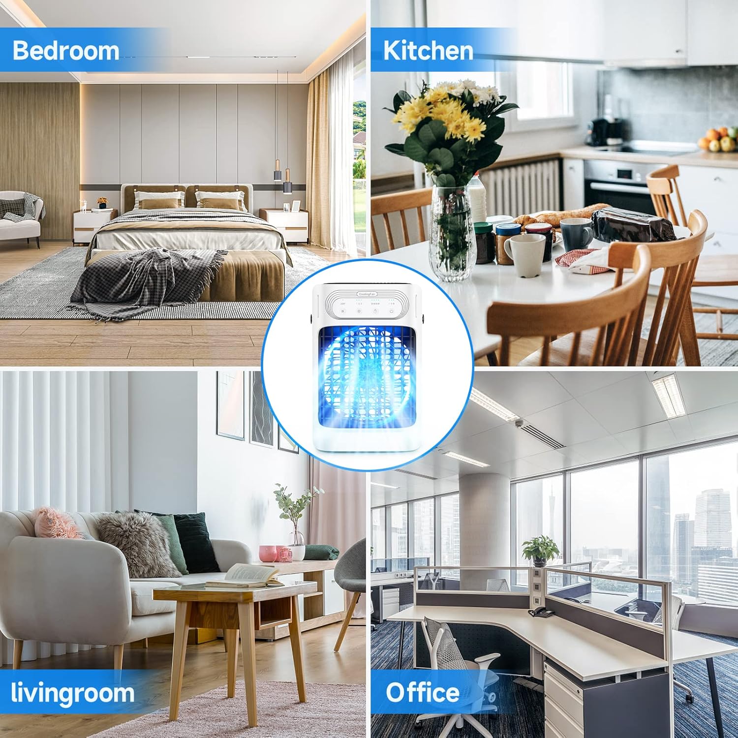 Aire acondicionado portátil, enfriador de aire evaporativo TIOKVIOP 10 W mejorado y 3 niebla fría 3 en 1, 3 velocidades de viento y 7 luces LED, 3
