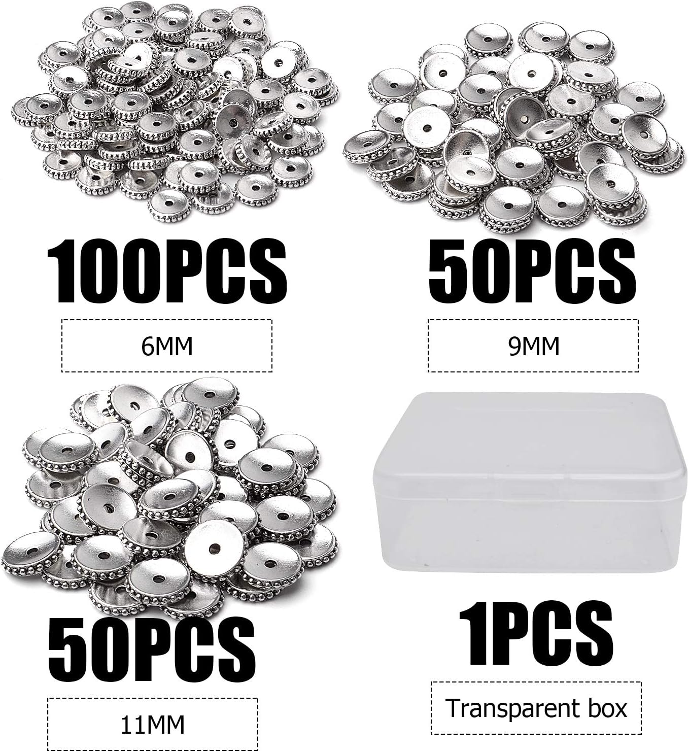 200 cuentas espaciadoras redondas planas de plata envejecida tibetana con una caja para hacer joyas, suministros de manualidades