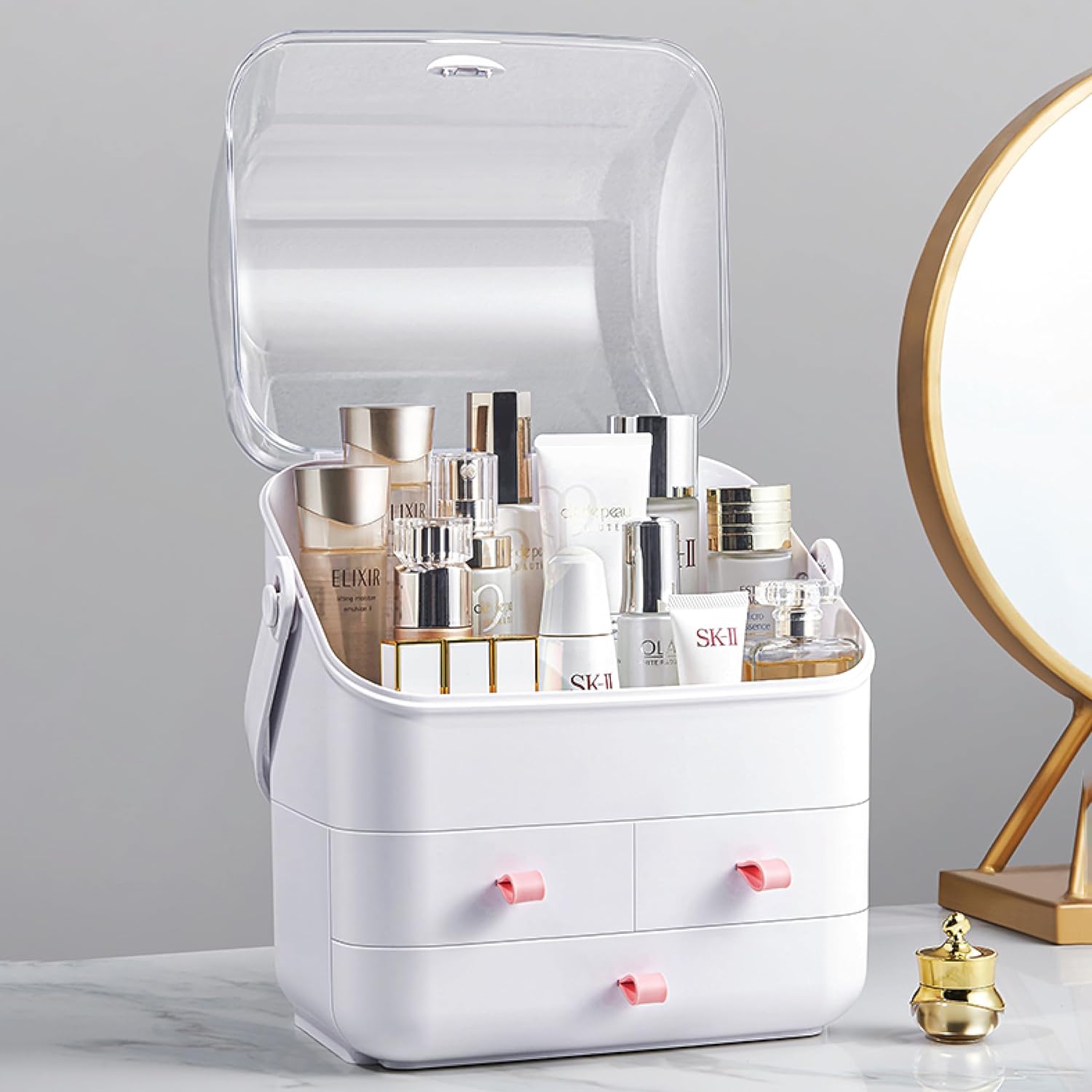 BRUUN – Contenedor de almacenamiento para cosméticos para el cuidado de la piel una caja de maquillaje grande de color blanco a prueba de polvo y