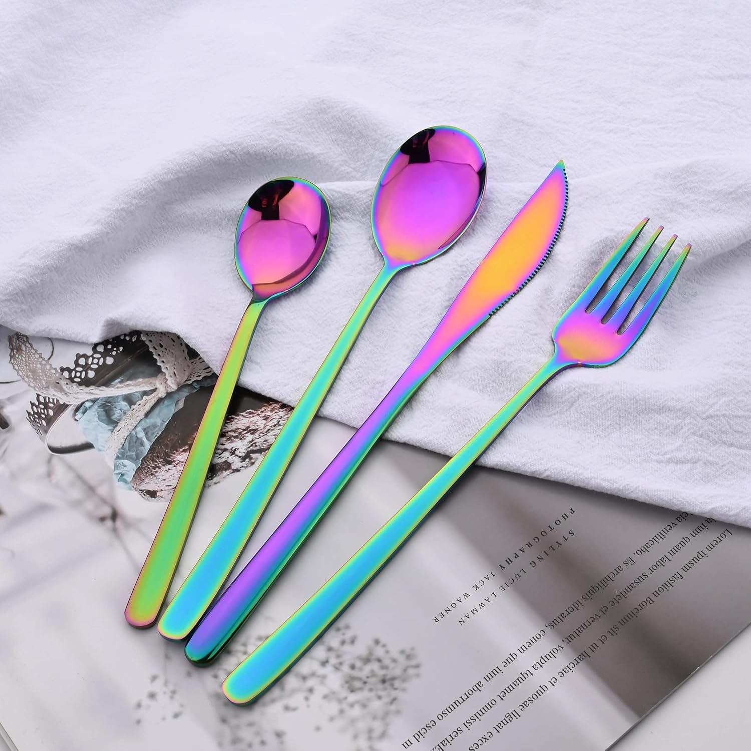 Juego de 20 cubiertos de acero inoxidable 304, saludable y respetuoso con el medio ambiente, espejo de viaje plateado pulido arco iris cuchillo,