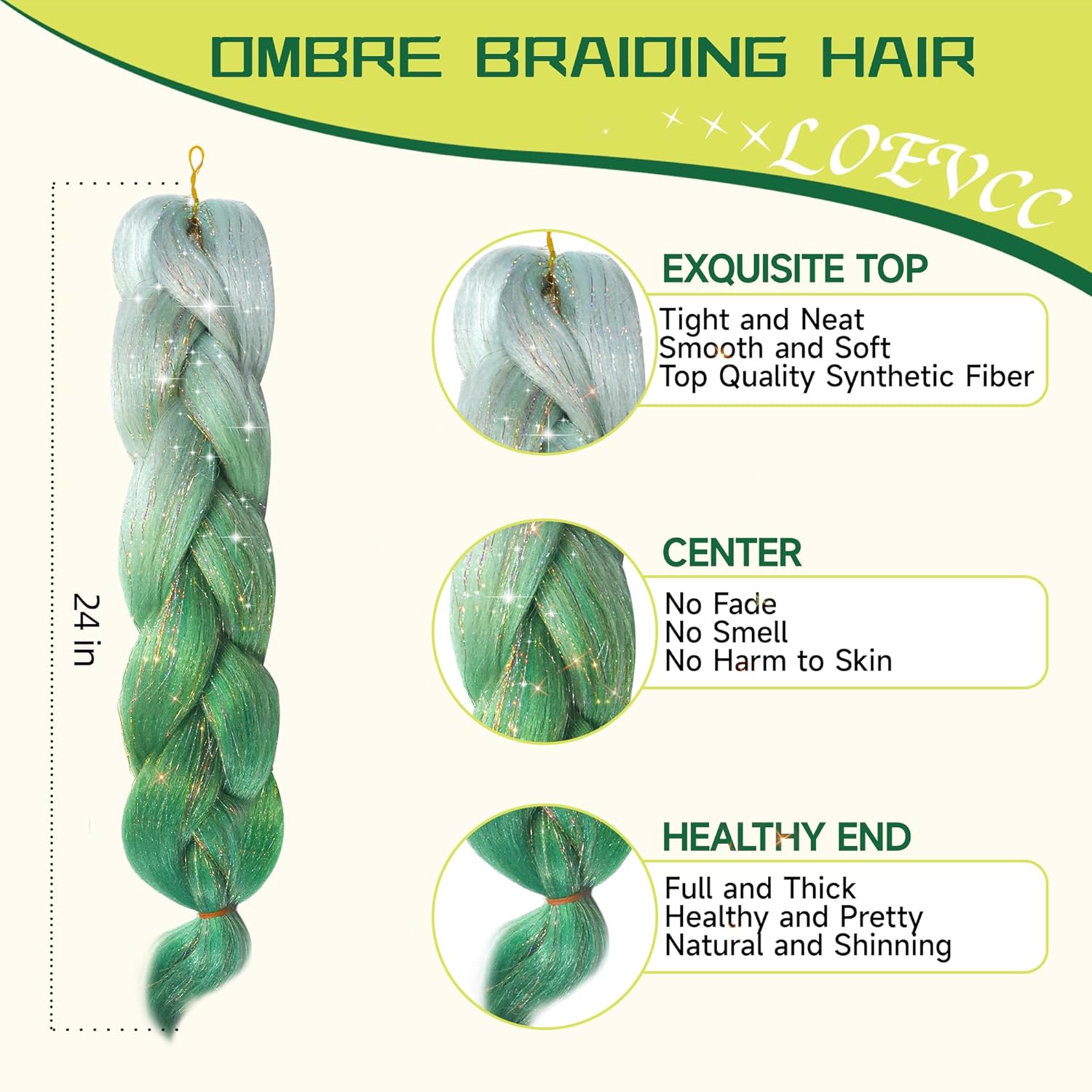 2 extensiones de cabello para trenzas, cabello trenzado ombré, extensión de cabello de oropel brillante, cabello trenzado de 24 pulgadas,