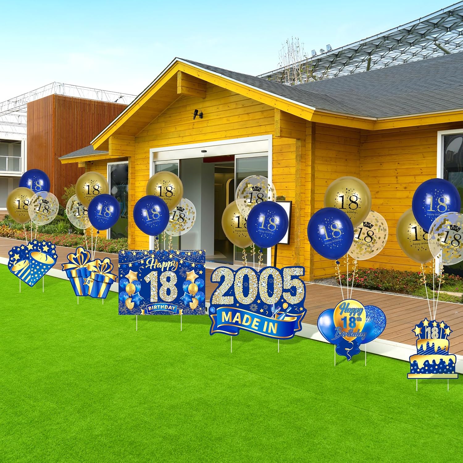 Decoraciones azules de cumpleaños número 18 para niños y niñas, 6 unidades, azul marino, dorado, feliz cumpleaños 18 con estacas y 18 globos de