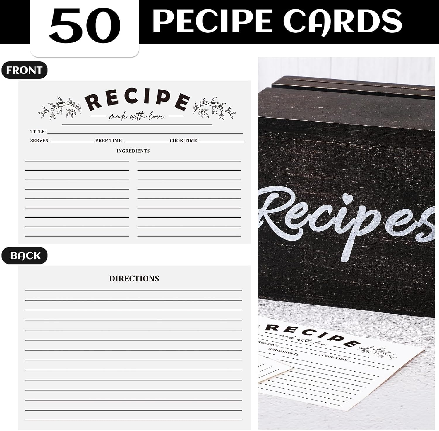 Hoteam Caja de recetas de madera con tarjetas y soporte para tarjetas de recetas de madera rústica con 50 tarjetas de recetas de 5 x 7 pulgadas,