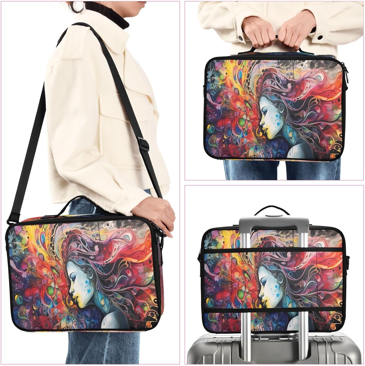 Bolsa de maquillaje de arte colorido para mujer, bolsa de maquillaje de viaje para cosméticos, bolsa de aseo con compartimentos grandes, bolsas de