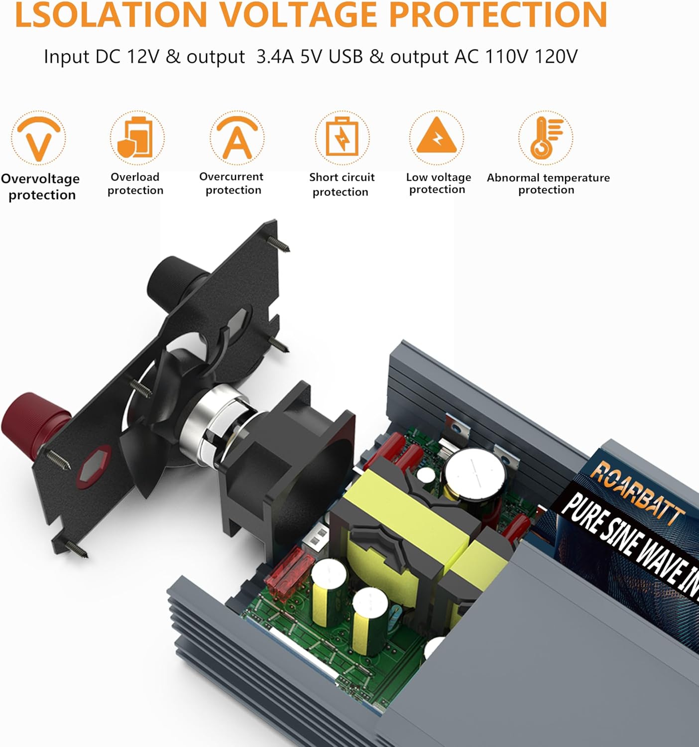 Inversor de corriente de onda sinusoidal pura de 500 W, 12 V CC a CA, 110 V, 120 V, potencia máxima, 1000 W, con 2 salidas de CA, inversor de